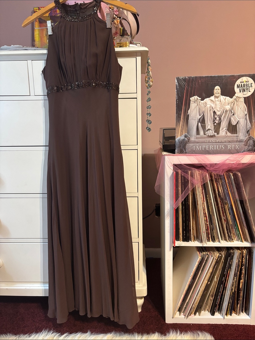 Vintage Y2K Silk Beaded Brown Formal Long Dress Gala Party Special Occasion Cute - Picture 1 of 17